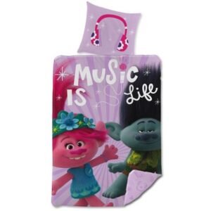 Børne sengetøj - 140x200 cm - Trolls sengesæt med Poppy og Kvist - Vendbart design - Sengelinned i 100% bomuld