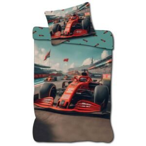 Børne sengetøj 140x200 cm - Vendbart sengesæt med racerbiler - Motiv af rød formel 1 bil - 100% blødt bomulds sengelinned
