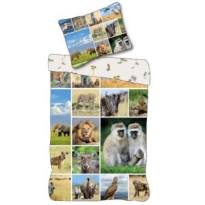 Børne sengetøj 140x200 cm - Vendbart sengesæt med safari dyr - 100% blødt bomulds sengelinned
